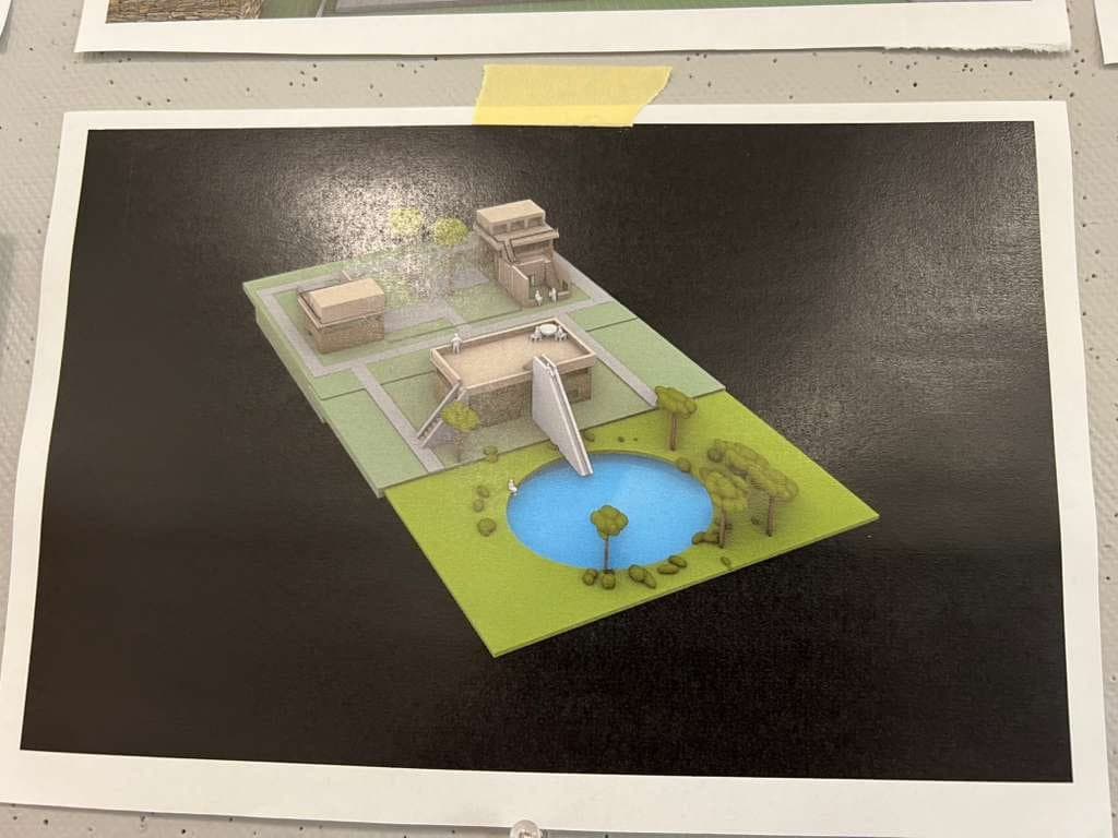 Architecture presentation board with a rendered site plan and model