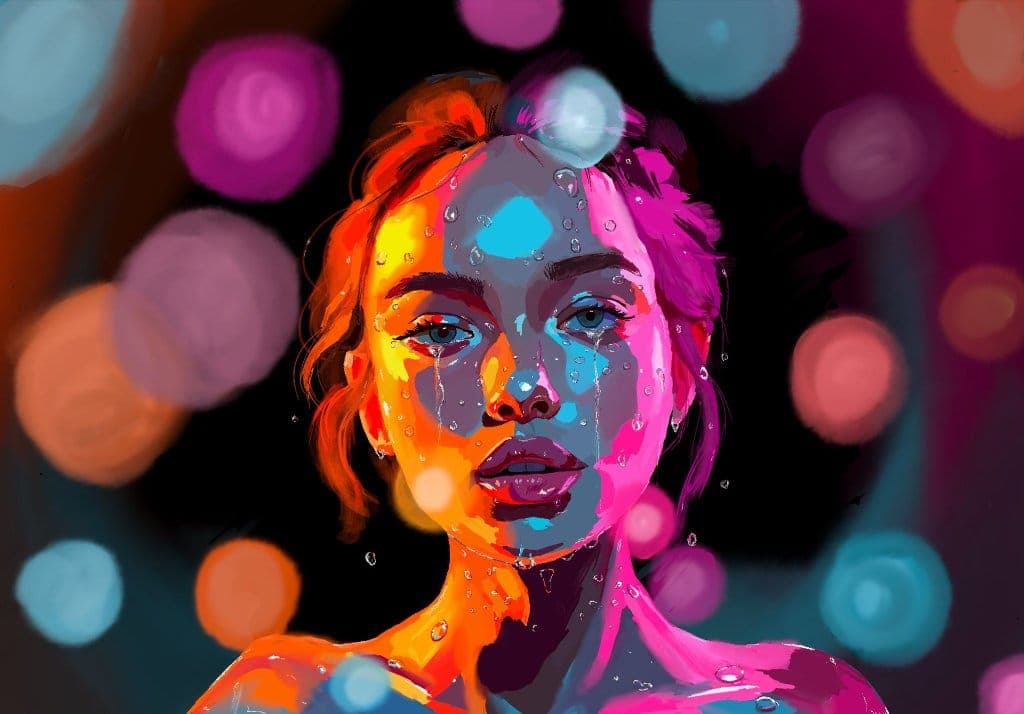 Digital portrait of a woman lit by pink, orange and blue bokeh lights