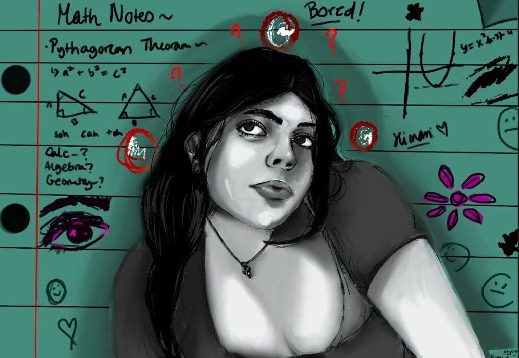 Greyscale self-portrait on a teal background covered in doodled maths notes