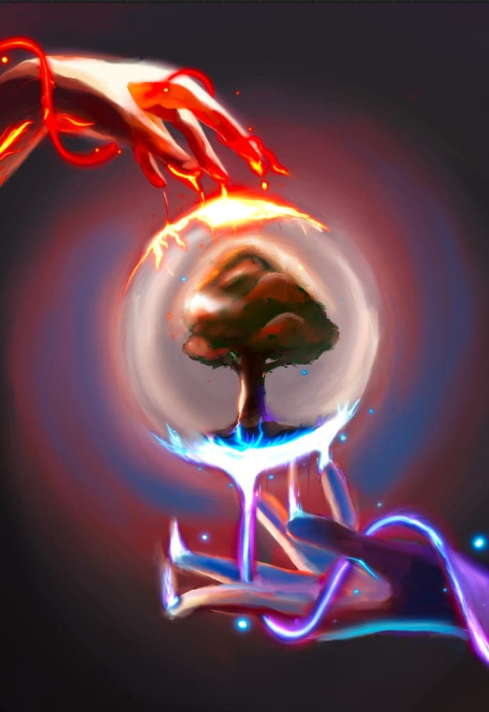 Two hands, one in fire and one in lightning, holding a glowing sphere with a tree inside