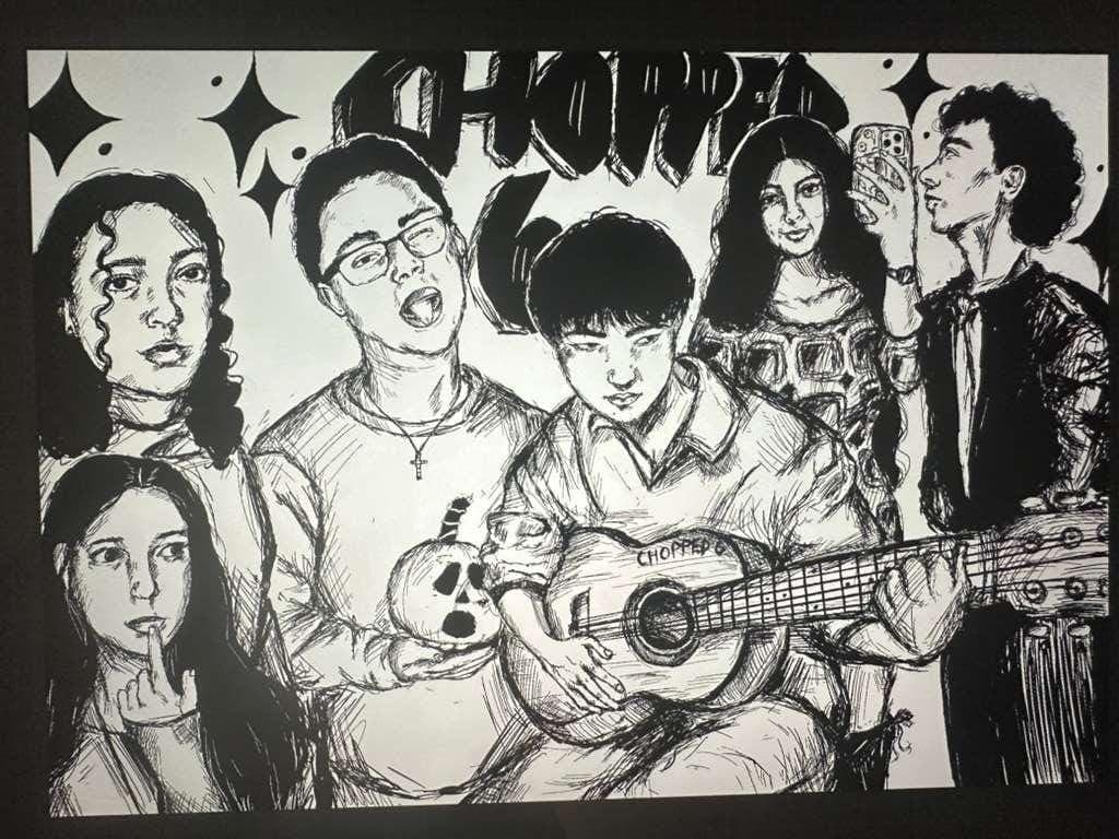 Black-and-white group illustration of friends around a guitar