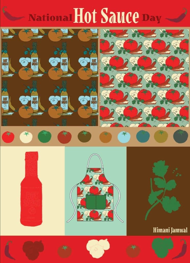 Branding board for National Hot Sauce Day with illustrated patterns, a bottle and an apron