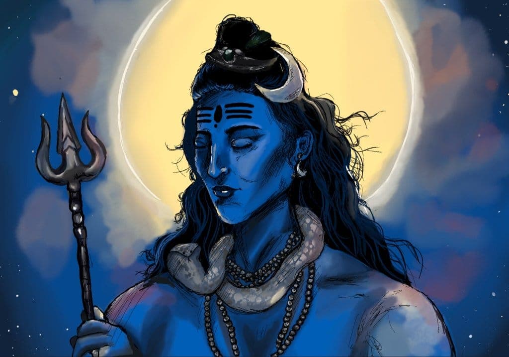 Digital illustration of Shiva in blue against a full moon, eyes closed, holding a trident