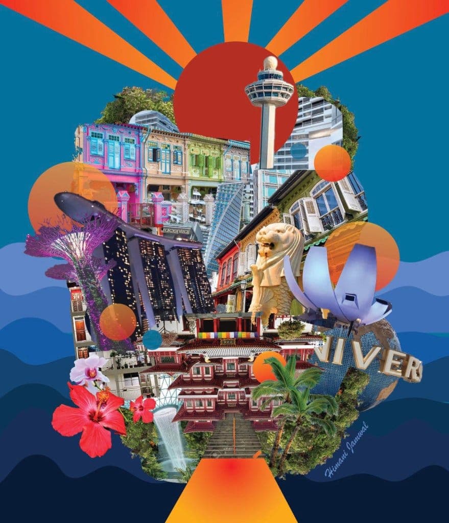 Radiating digital collage of Singapore landmarks, street details and tropical plants