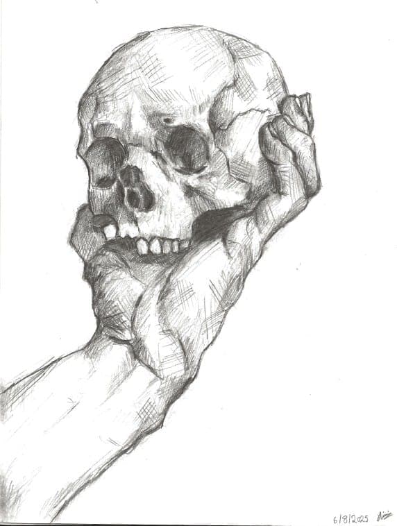 Graphite drawing of a hand holding a human skull