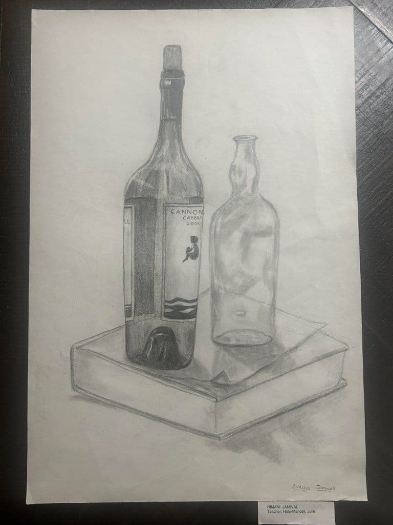 Graphite still life of two glass bottles on a box