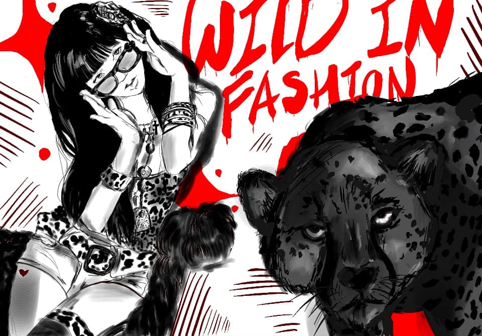 Black, white and red editorial illustration of a model in leopard print beside a leopard